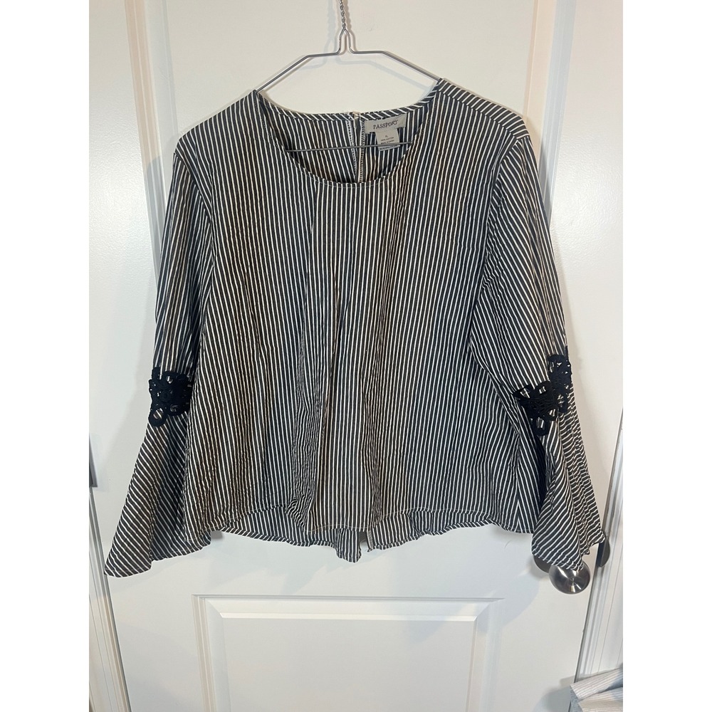 Passport Womens Blouse‎ Crochet Bell Sleeve Striped Navy XL